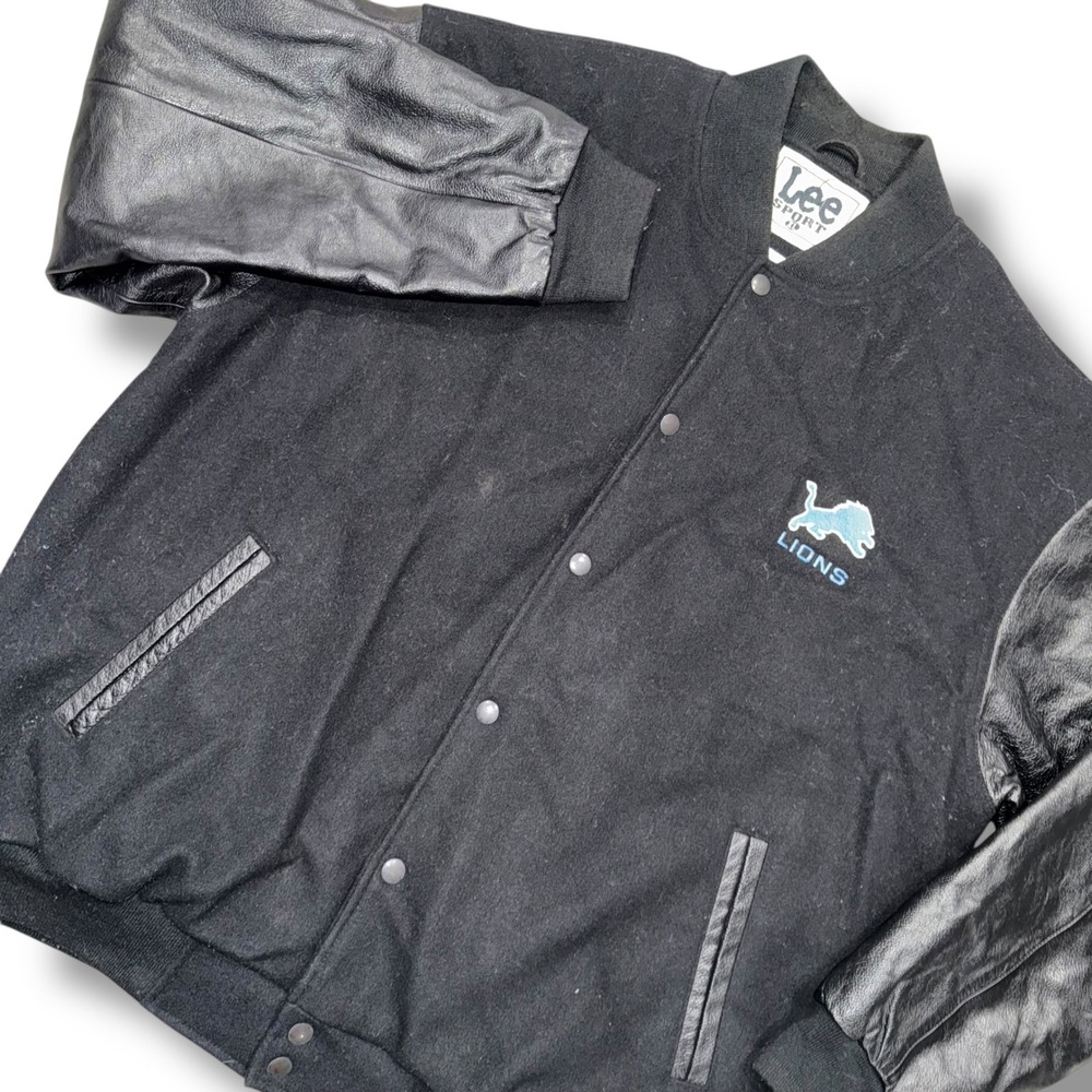Lee Sport Detroit Lions Varsity Jacket Genuine Leather Sleeves Black‎ Mens XL